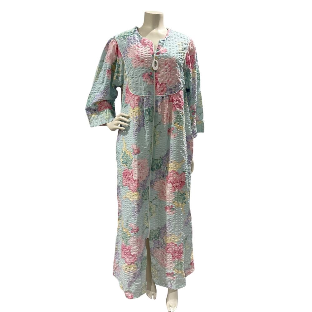 Miss Elaine Full-Zip Seersucker Housecoat Robe 3/4 Sleeve Pastel Floral Sz M